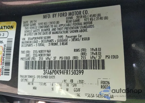 2015 Ford Fusion Titanium from USA, damaged, VIN 3FA6P0K94FR150399